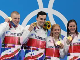 Kirkcadly’s Kathleen Dawson, far right, with teammates Adam Peaty, James Guy and Anna Hopkin. Picture: Getty