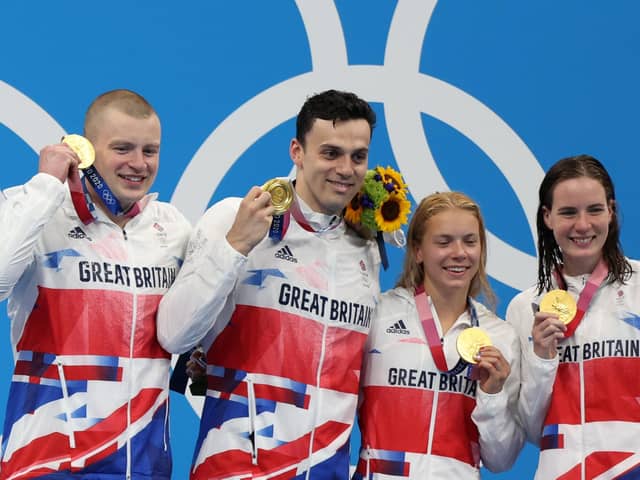Kirkcadly’s Kathleen Dawson, far right, with teammates Adam Peaty, James Guy and Anna Hopkin. Picture: Getty