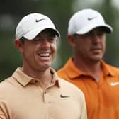 Rory McIlroy and Brooks Koepka, one of the LIV Golf players in the field, during a practice round prior to the 2023 Masters at Augusta National Golf Club. Picture Patrick Smith/Getty Images.