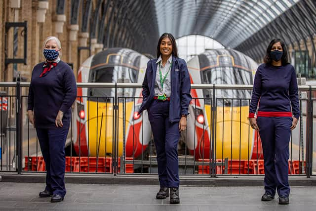 LNER driver Trudi Kinchella, apprentice driver Vandana Mungur and driver Mena Sutharsan. Picture: LNER/Charlotte Graham