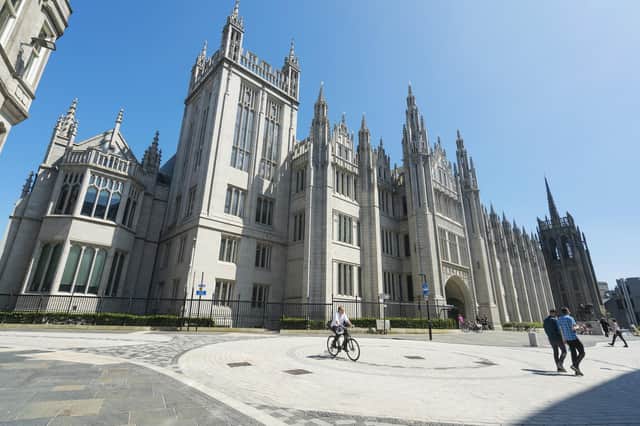Marischal College is located just off Union Street in the city of Aberdeen