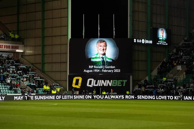An image of late chairman Ron Gordon was displayed on the big screen at Easter Road as Hibs fans sang Sunshine on Leith. (Photo by Mark Scates / SNS Group)