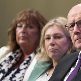 First Minister John Swinney listens as Deputy First Minister Kate Forbes delivers her address at the SNP Annual National Conference at the Edinburgh International Conference Centre. Picture: Jane Barlow/PA Wire