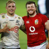 Dylan Richardson, left, and Hamish Watson after the match between the Sharks and the British & Irish Lions in July. The pair are both named in the Scotland training squad. Picture: Steve Haag