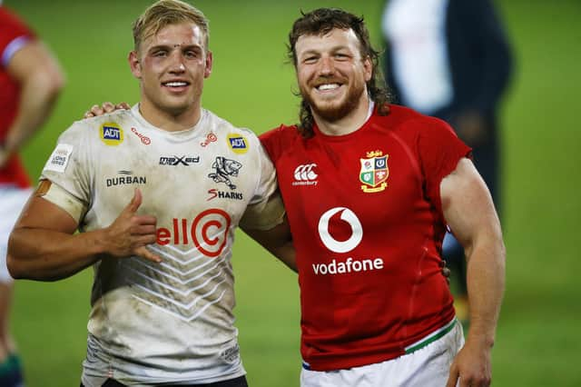 Dylan Richardson, left, and Hamish Watson after the match between the Sharks and the British & Irish Lions in July. The pair are both named in the Scotland training squad. Picture: Steve Haag