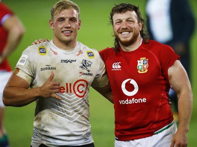 Dylan Richardson, left, and Hamish Watson after the match between the Sharks and the British & Irish Lions in July. The pair are both named in the Scotland training squad. Picture: Steve Haag