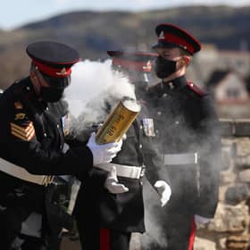 Members of the 105th Regiment Royal Artillery fire a 41-round gun salute at Edinburgh Castle, to mark the death of the Duke of Edinburgh on April 10 picture: Andrew Milligan/PA Wire