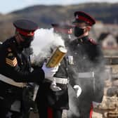 Members of the 105th Regiment Royal Artillery fire a 41-round gun salute at Edinburgh Castle, to mark the death of the Duke of Edinburgh on April 10 picture: Andrew Milligan/PA Wire