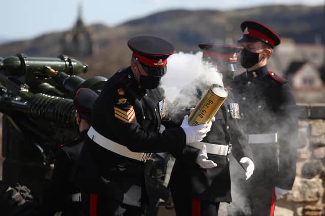 Members of the 105th Regiment Royal Artillery fire a 41-round gun salute at Edinburgh Castle, to mark the death of the Duke of Edinburgh on April 10 picture: Andrew Milligan/PA Wire