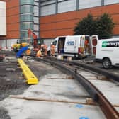 Tram line construction underway beside the Ocean Terminal shopping centre. Picture: Trams To Newhaven