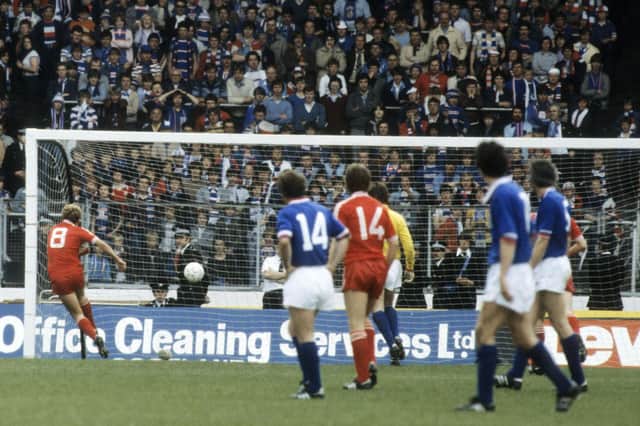 Neale Cooper (8) thumps in Aberdeen's fourth goal v Rangers in the 1982 Scottish Cup final