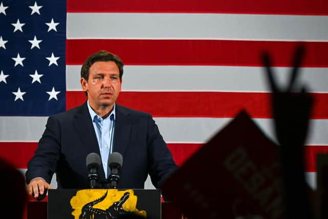 Florida Governor Ron DeSantis speaks during a "Unite and Win" event as he campaigns for re-election on the eve of the US midterm elections,