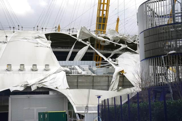 Damage to the roof of the O2 Arena in south east London, caused by Storm Eunice. Picture: Stefan Rousseau/PA Wire