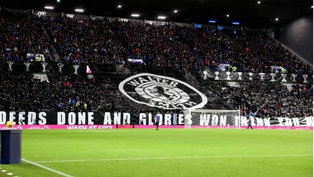 Rangers' fans display in tribute to their legendary manager Walter Smith during a Cinch Premiership match between Rangers and Aberdeen at Ibrox stadium, on October 26, 2021, in Glasgow, Scotland. (Photo by Alan Harvey / SNS Group)