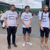 Protesters (left to right) Will Hoyles, 39, Caleb Compton, 27, and Jason Leith, 34, who all work for Free Tibet who have come to Wimbledon to draw attention to Peng Shuai. Picture date: Monday July 4, 2022.