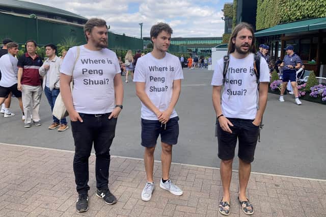 Protesters (left to right) Will Hoyles, 39, Caleb Compton, 27, and Jason Leith, 34, who all work for Free Tibet who have come to Wimbledon to draw attention to Peng Shuai. Picture date: Monday July 4, 2022.