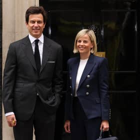 Susie Wolff, Managing Director of F1 Academy, alongside husband Toto Wolff, Mercedes team principal, at Downing Street on July 4, 2023. (Photo by Dan Kitwood/Getty Images)