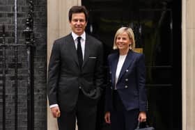 Susie Wolff, Managing Director of F1 Academy, alongside husband Toto Wolff, Mercedes team principal, at Downing Street on July 4, 2023. (Photo by Dan Kitwood/Getty Images)