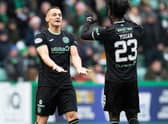 Kyle Magennis celebrates with Hibs team-mate Elie Youan after netting the third goal in the 4-0 win over Livingston. (Photo by Paul Devlin / SNS Group)