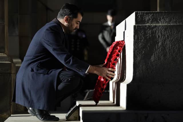 Scotland's First Minister Humza Yousaf lays a wreath at the monument at Edinburgh City Chambers on Remembrance Sunday. Picture: Jeff J Mitchell/Getty Images