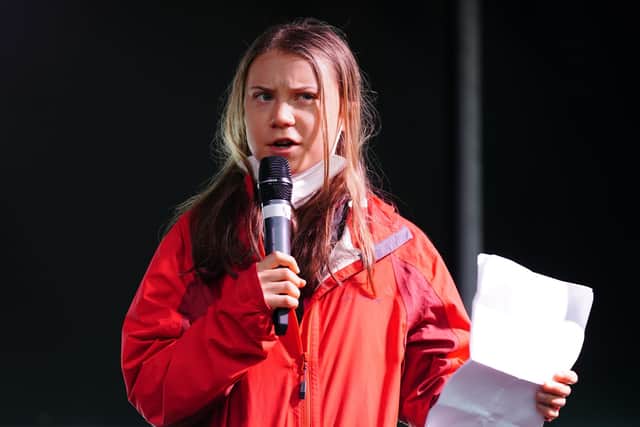 Climate activist Greta Thunberg speaking on the main stage in George Square as part of the Fridays for Future Scotland march during the Cop26 summit in Glasgow.