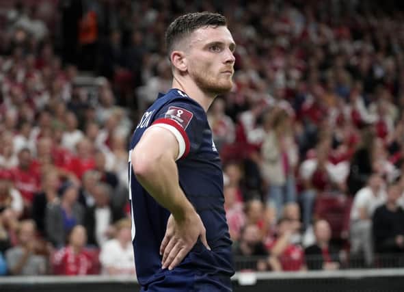 Andy Robertson was critical of Scotland's first half performance in Denmark. Photo: Claus Bech/PA Wire.