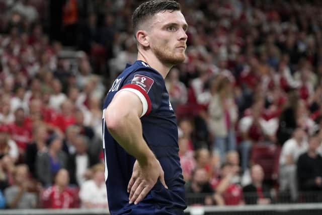 Andy Robertson was critical of Scotland's first half performance in Denmark. Photo: Claus Bech/PA Wire.