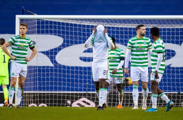 Celtic's Kristoffer Ajer, Odsonne Edouard and Shane Duffy look frustrated after the openin goal during a Scottish Premiership match between Rangers and Celtic at Ibrox Stadium, on January 02, 2021, in Glasgow, Scotland (Photo by Craig Williamson / SNS Group)