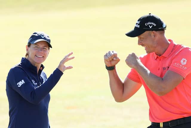 Tournament hosts Annika Sorenstam and Henrik Stenson have some fun ahead of the Scandinavian Mixed at Vallda Golf & Country Club near Gothenburg. Picture: Warren Little/Getty Images.