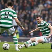 Rangers' Todd Cantwell (R) is challenged by Celtic's Anthony Ralston during a Scottish Cup semi-final match between Rangers and Celtic at Hampden Park, on April 30, 2023, in Glasgow, Scotland.  (Photo by Craig Williamson / SNS Group)