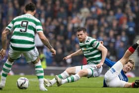 Rangers' Todd Cantwell (R) is challenged by Celtic's Anthony Ralston during a Scottish Cup semi-final match between Rangers and Celtic at Hampden Park, on April 30, 2023, in Glasgow, Scotland.  (Photo by Craig Williamson / SNS Group)