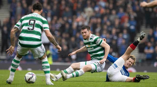 Rangers' Todd Cantwell (R) is challenged by Celtic's Anthony Ralston during a Scottish Cup semi-final match between Rangers and Celtic at Hampden Park, on April 30, 2023, in Glasgow, Scotland. (Photo by Craig Williamson / SNS Group)