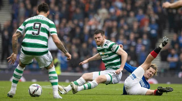 Rangers' Todd Cantwell (R) is challenged by Celtic's Anthony Ralston during a Scottish Cup semi-final match between Rangers and Celtic at Hampden Park, on April 30, 2023, in Glasgow, Scotland.  (Photo by Craig Williamson / SNS Group)