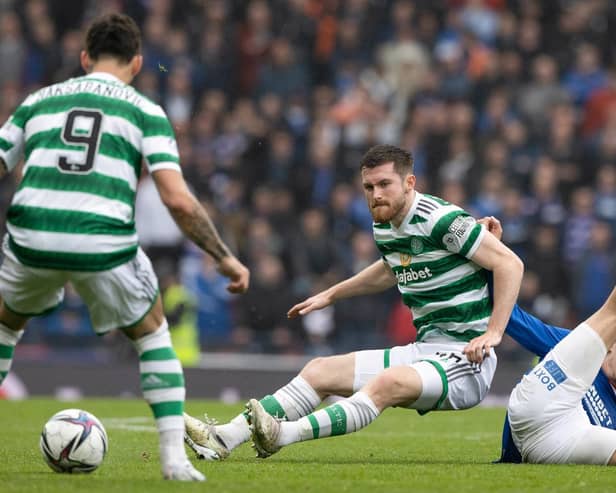 Rangers' Todd Cantwell (R) is challenged by Celtic's Anthony Ralston during a Scottish Cup semi-final match between Rangers and Celtic at Hampden Park, on April 30, 2023, in Glasgow, Scotland.  (Photo by Craig Williamson / SNS Group)