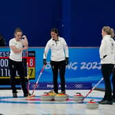 Left to right, Great Britain's coach David Murdoch speaks to Jennifer Dodds, Eve Muirhead, Vicky Wright and Hailey Duff during the match against Sweden. They face Japan in the final.