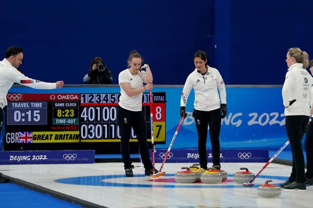Left to right, Great Britain's coach David Murdoch speaks to Jennifer Dodds, Eve Muirhead, Vicky Wright and Hailey Duff during the match against Sweden. They face Japan in the final.