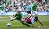 Hibs winger Martin Boyle goes down under pressure from Aston Villa's Douglas Luiz during the first leg at Easter Road.  (Photo by Craig Williamson / SNS Group)