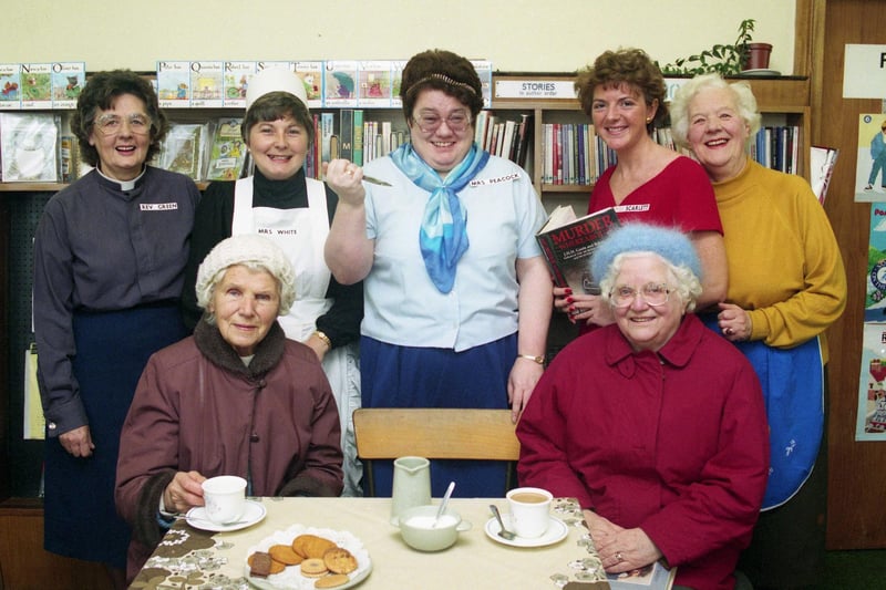 As part of National Libraries Week, staff in Shiney Row chose the theme of crime and dressed up as Cluedo characters in 1993.
Picture in front were visitors Velma Blumby. left, and Mary Gray with staff, left to right: Eileen Thompson, Joan Ford, Ann Forth, Angela Straughan and Freda Mitchell.