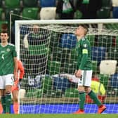 Tom Flanagan of Northern Ireland and Steven Davis react after Slovakia score their second goal during the UEFA EURO 2020 Play-Off Final  (Photo by Charles McQuillan/Getty Images)