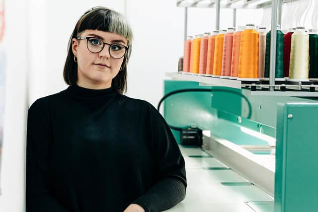 Embroidery Machine Technician Kerry Boyd at Wild & Kind, where they collect and store every last scrap of fabric from the production room floor and explore the best routes for reuse or recycling.