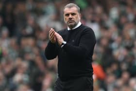 Celtic manager Ange Postecoglou applauds the fans during the 1-1 draw with Rangers.