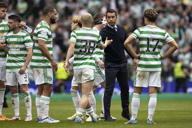 Rangers manager Giovanni van Bronckhorst shakes hands with  Daizen Maeda after Celtic and Rangers draw 1-1 at Parkhead. (Picture: Craig Williamson - SNS Group)