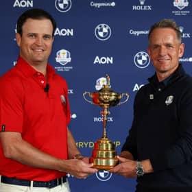 US captain Zach Johnson and European counterpart Luke Donald pose with the Ryder Cup during the 'Year to Go' celebrations in Rome earlier this week. Picture: Andrew Redington/Getty Images.