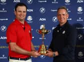 US captain Zach Johnson and European counterpart Luke Donald pose with the Ryder Cup during the 'Year to Go' celebrations in Rome earlier this week. Picture: Andrew Redington/Getty Images.
