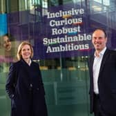 Jenny Britton, head of executive development at University of Edinburgh Business School and James Close, head of climate change at NatWest Group, mark the launch of the tie-up at RBS's Gogarburn headquarters. Picture: Stuart Nicol Photography