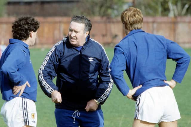 Albiston, left, with then Scotland boss Jock Stein and Richard Gough in 1984.