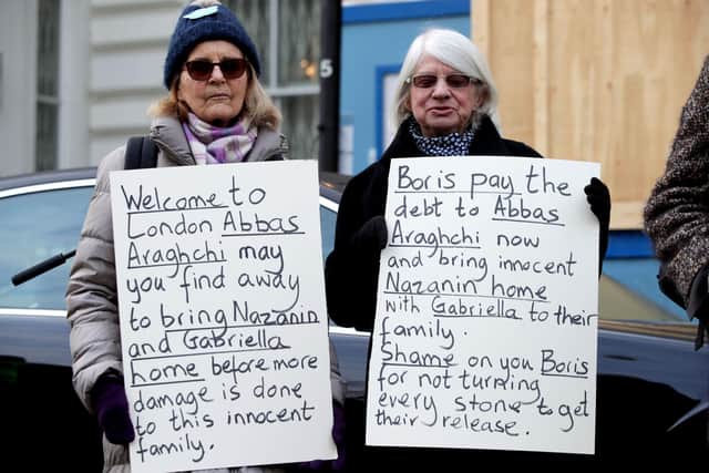 Protesters outside the Iranian Embassy in London, where Richard Ratcliffe, the husband of jailed British mother Nazanin Zaghari-Ratcliffe, left a letter concerning the continued detention of his wife in Iran. Picture: Yui Mok