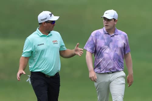 Ryan Fox and Bob MacIntyre chat during the first round of the Myrtle Beach Classic at Dunes Golf & Beach Club in Myrtle Beach, South Carolina. Picture: Sam Greenwood/Getty Images.