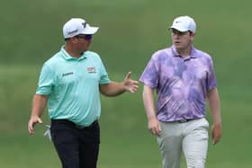 Ryan Fox and Bob MacIntyre chat during the first round of the Myrtle Beach Classic at Dunes Golf & Beach Club in Myrtle Beach, South Carolina. Picture: Sam Greenwood/Getty Images.