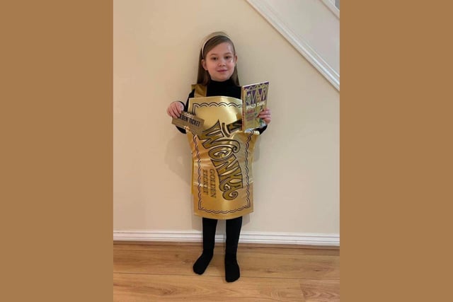 Eight-year-old Ella Jai looks great as a golden ticket from Charlie and the Chocolate Factory!
